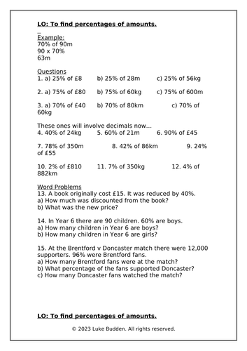 KS2 Percentages of Amounts Worksheet