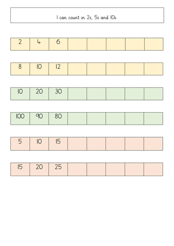 Counting in 2s, 5s and 10s worksheet (2 levels of difficulty)
