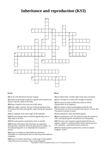 Inheritance crossword (KS3)