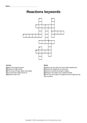 Reactions keywords crossword