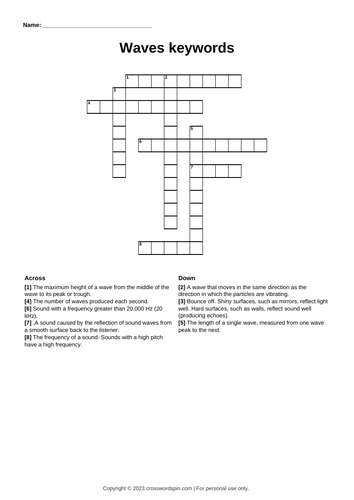 Waves keywords crossword Teaching Resources