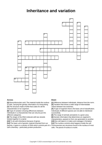 Inheritance and variation crossword Teaching Resources