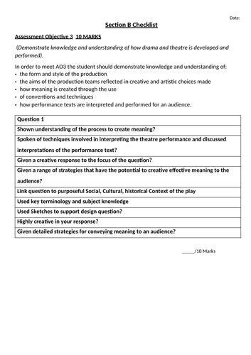 Section B Checklist - AQA DRAMA A LEVEL WRITTEN EXAMINATION