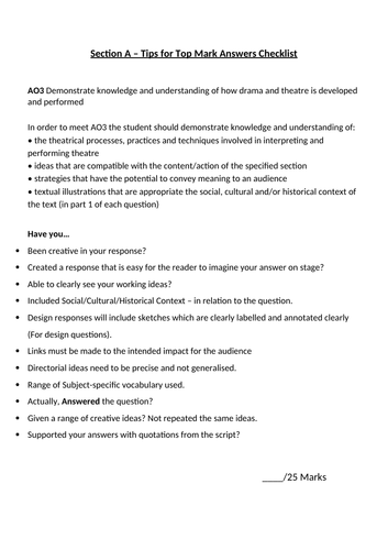 Section A Checklist - AQA DRAMA A LEVEL WRITTEN EXAMINATION