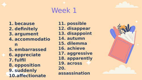 Spelling words for the year (Form 2 or Grade 9)