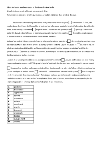 AQA Style -Fill in the gaps - Le patrimoine - A-level French