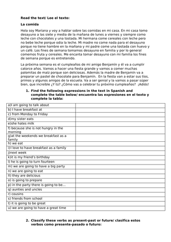 Reading on food with 3 tenses