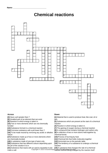 Chemical reactions crossword (KS3)