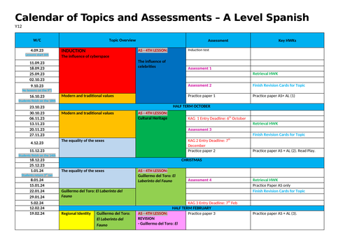 Sample Calendar 23-24 of topics and assessment schedule A Level Spanish