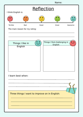 Subject reflection sheet for the new school year