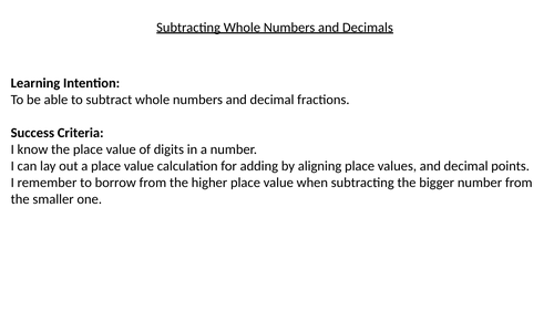 Subtracting Whole Numbers and Decimal Fractions