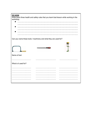 DT Health and Safety - Starter / Do Now activity