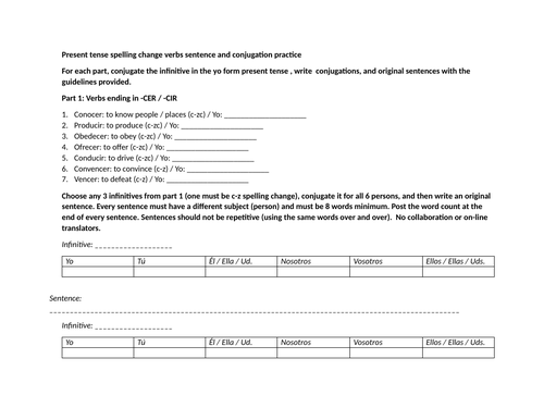 Present tense spelling change verbs sentence and conjugation practice