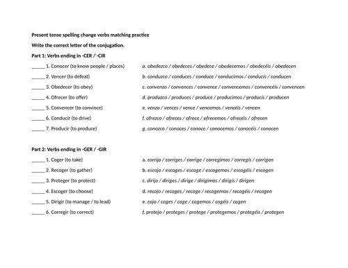 Present tense spelling change verbs matching practice