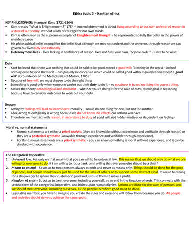 Ocr Religious Studies A Level Ethics A Key Notes Ethics Kantian