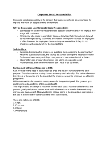 OCR Religious Studies A Level Ethics A* KEY NOTES Ethics -  Business Ethics