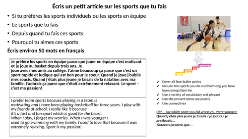 Les sports que tu fais writing task