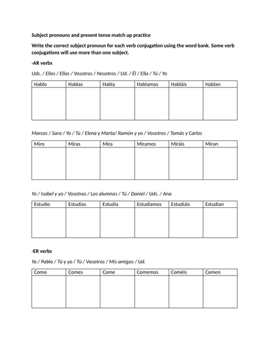 Subject pronouns and present tense match up practice