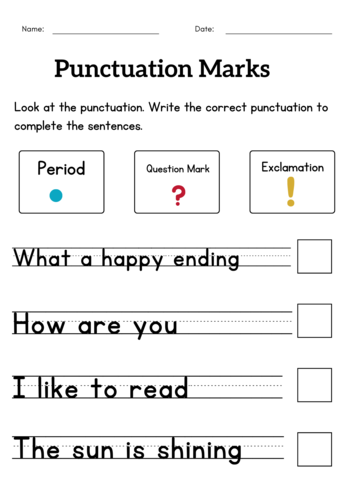 Punctuation marks worksheet for grade 1 or 2 - exclamation mark activity