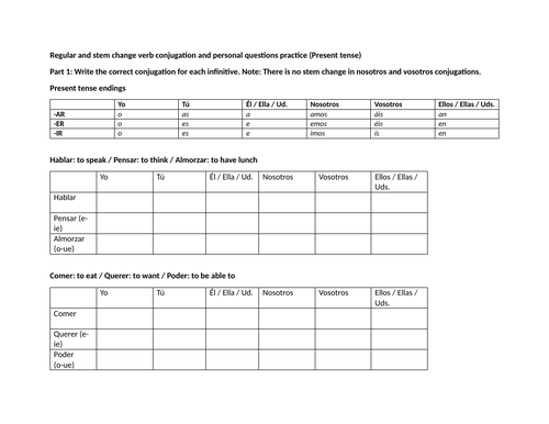 Regular and stem change verb conjugation and personal questions practice