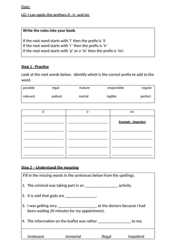 Spelling - Prefixes il-, im- and in- Worksheet
