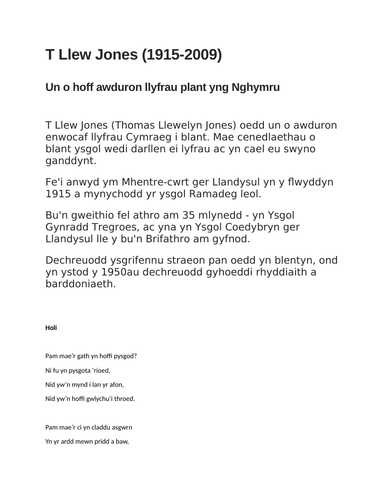ASTUDIO BARDDONIAETH Blwyddyn 6 Cymraeg Iaith Gyntaf Cerddi T.Llew Jones