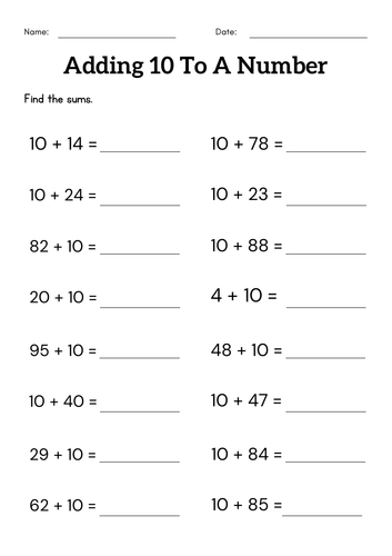 Adding 10 to a number worksheet 1st grade - 10 plus a number worksheets for kids