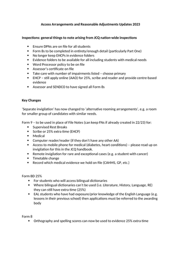 Access Arrangements and Reasonable Adjustments Updates 2023