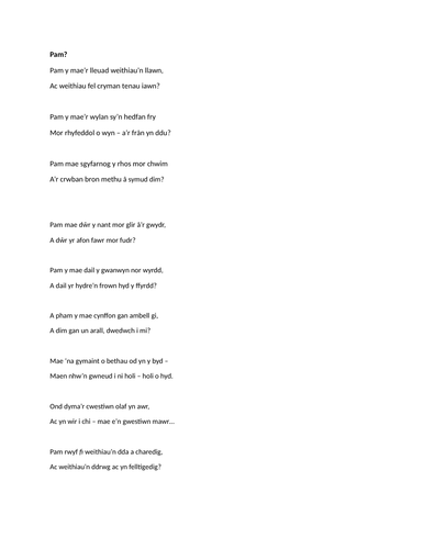 Barddoniaeth- Blwyddyn 4 a 5 Cymraeg Iaith Gyntaf "Pam" gan T. Llew Jones - creu cerdd gan ddilyn y