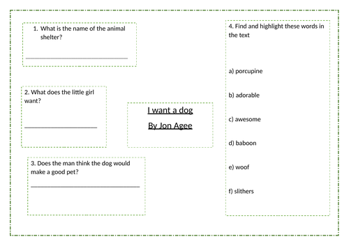 Reading Comprehension Question Mat based on I want a dog by Jon Agee
