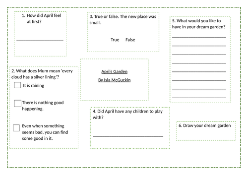 Aprils Garden By Isla McGuckin reading comprehension question mat