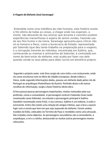 A Viagem do Elefante (José Saramago) A LEVEL PORTUGUESE revision sheet