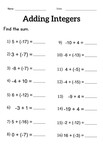 Adding integers worksheet grade 6 or 7 - addition of integers worksheet