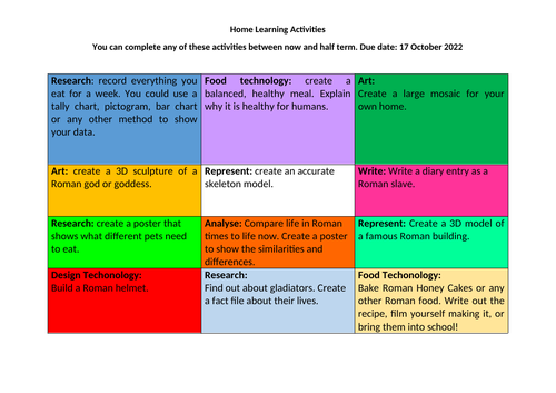 Homework Grid - Home Learning activities