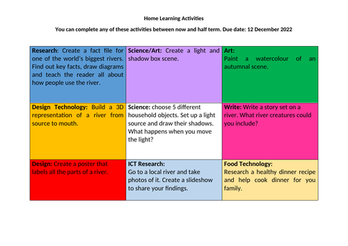 Homework Grid - Home Learning Activities