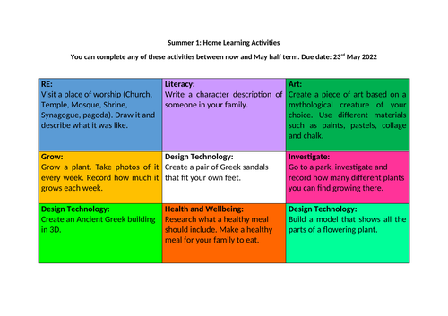 Homework Grid - Home Learning Activities