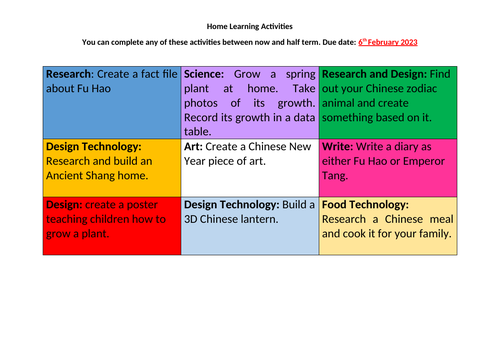 Homework Grid - Home Learning Activities