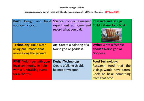 Homework Grid - Home Learning Activities