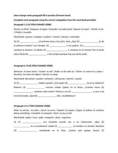 Stem change verbs paragraph fill in practice (Present tense)