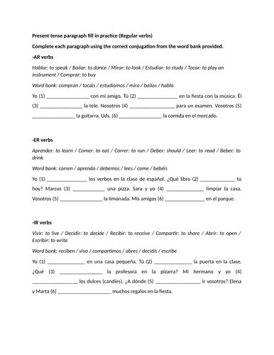 Present tense paragraph fill in practice (Regular verbs)