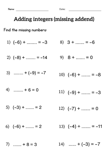 missing integers addition worksheet for class 6 or 7