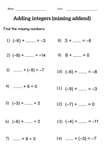 missing integers addition worksheet for class 6 or 7 | Teaching Resources