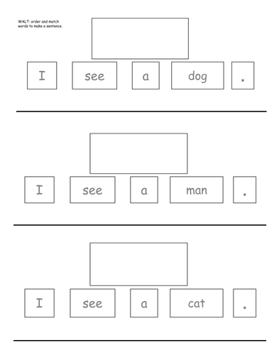 Order and match words to make simple sentences. EAL and early writing.