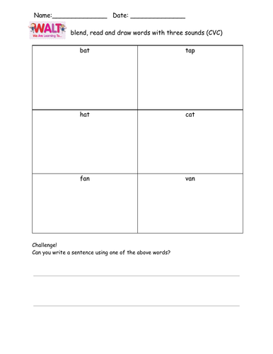 CVC words - blend, read and draw. Suitable for EAL and EYFS