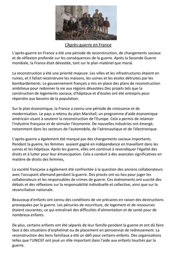 Les Choristes worksheet on 'L'après guerre' setting