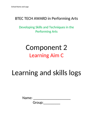 BTEC Performing Arts Learning log for Component 2 Tech Award 2022