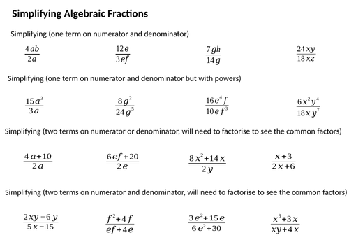 Simplifying algebraic fractions