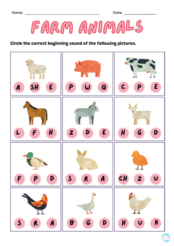 Farm animals - Beginning sounds worksheet