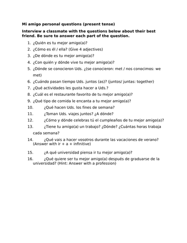 Mi amigo personal questions (present tense)