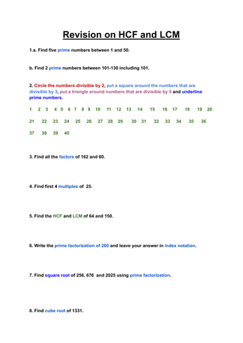 A quick review of HCF and LCM -colourful- year 6,7